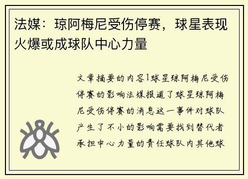 法媒：琼阿梅尼受伤停赛，球星表现火爆或成球队中心力量
